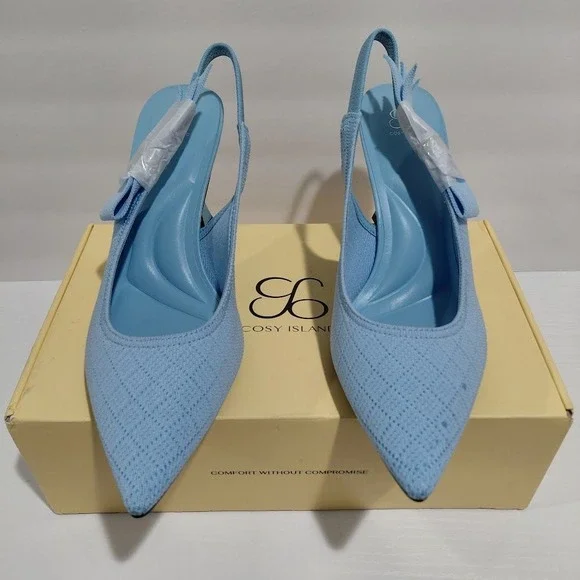 Cosy Island Light Blue Knit Pointed Toe Slingback Flared Heel Pumps Womens 9.5 - Picture 12 of 12